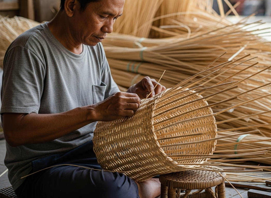 proses menganyam keranjang rotan natural