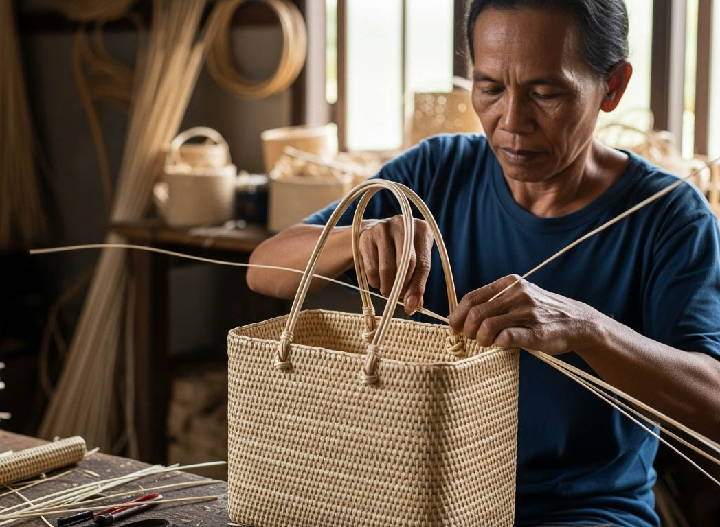 proses menganyam tas rotan natural