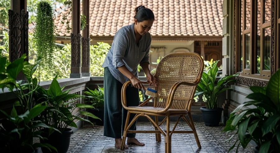 membersihkan kursi rotan natural