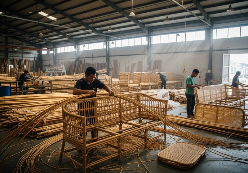 proses pembuatan sofa rotan natural indonesia