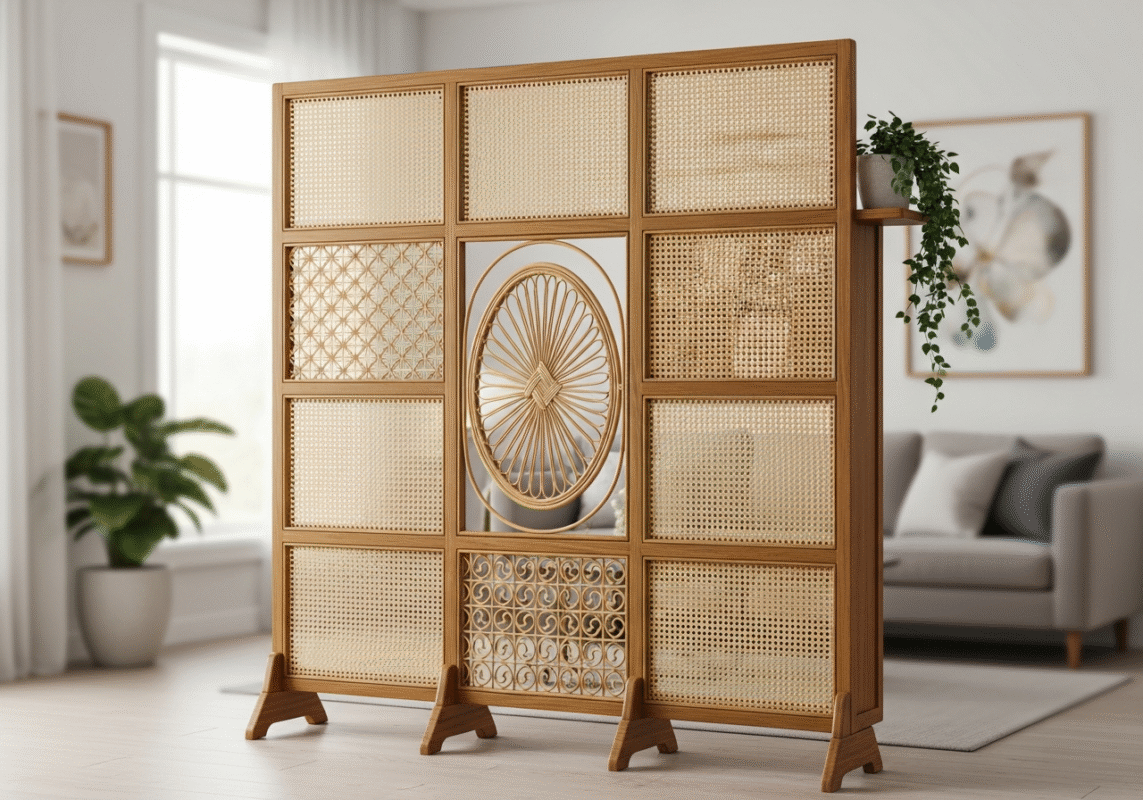sekat ruangan kombinasi kayu dan rotan